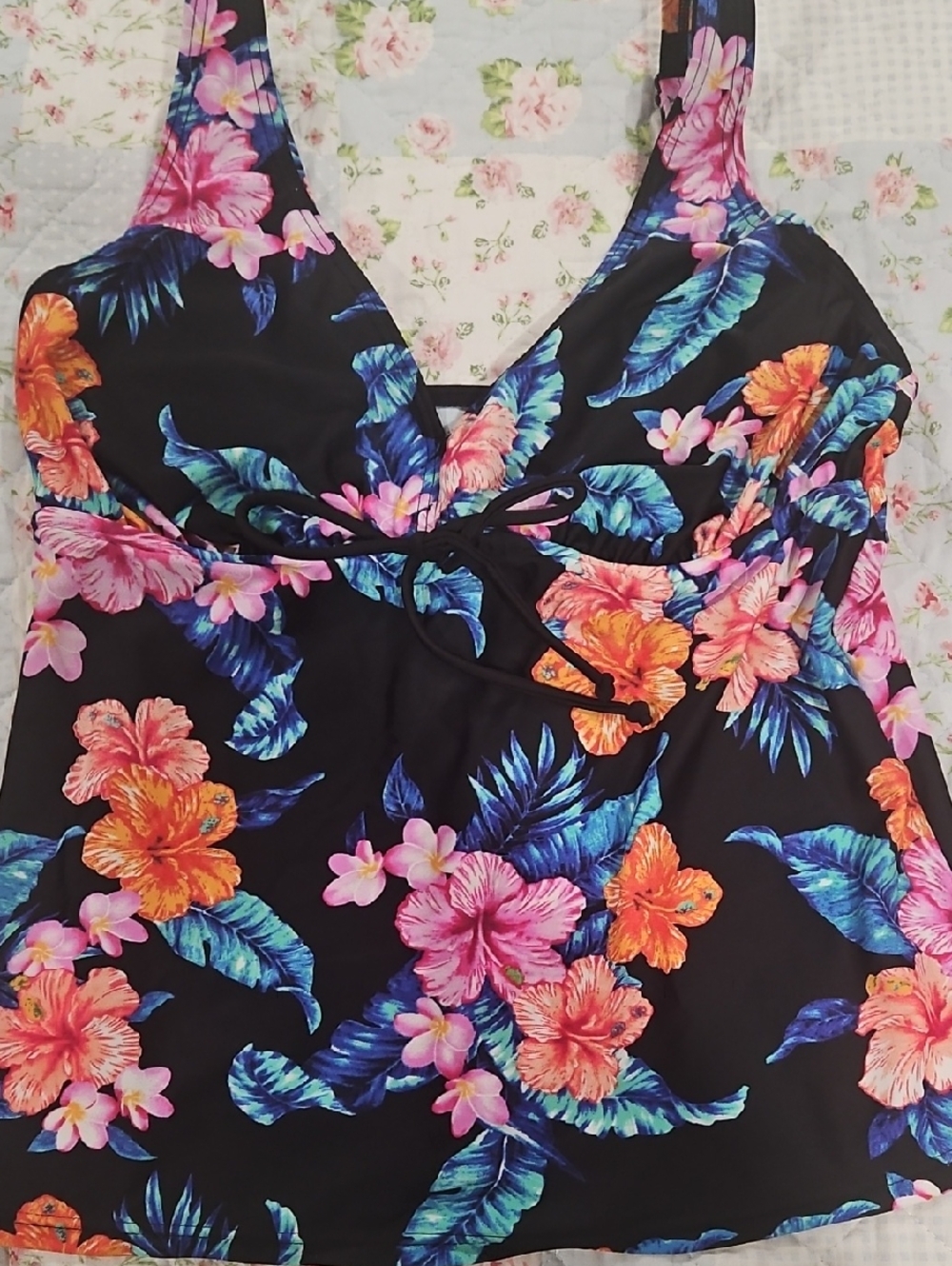 Black Floral Tankini Top with Tie Front